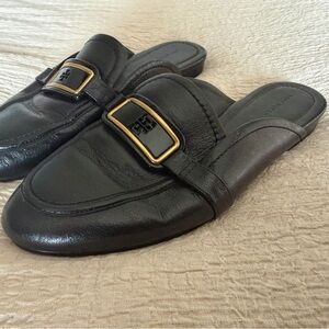 Tory Burch Georgia Black Leather Slip-On Mules with Gold Buckle